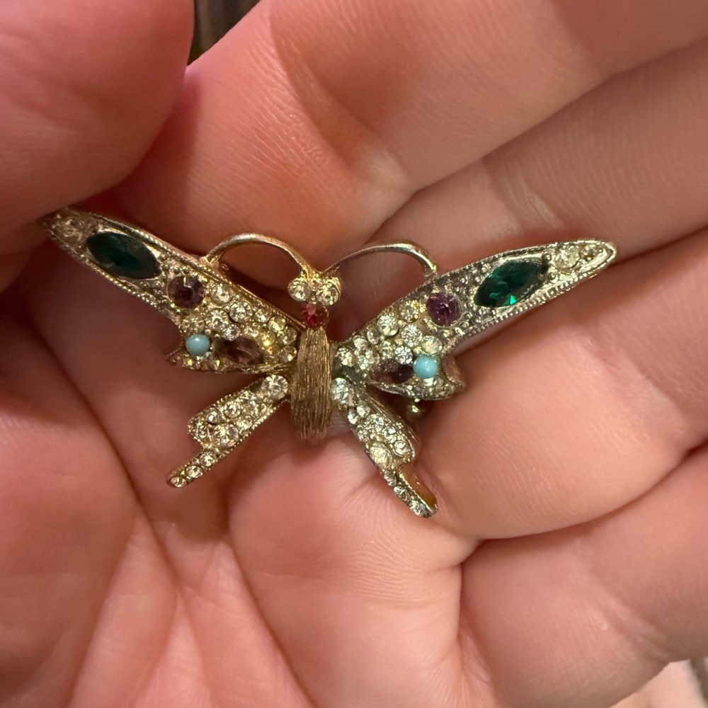 Gold Butterfly Crystal Brooch with Green and Purple Stones - Picture 2 of 6